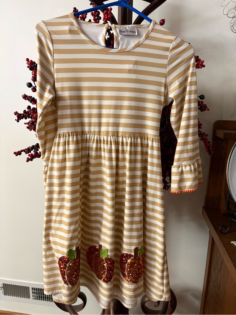 Rare Editions Gold and White Stripe pumpkin fall Applique Dress